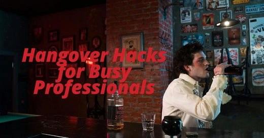 Man drinking with caption hangover hack for busy professionals